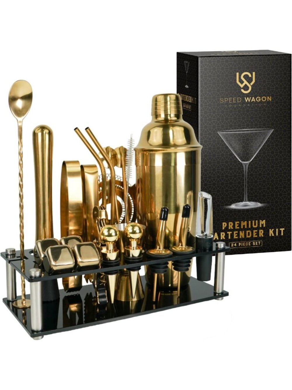24-Piece Gold Cocktail Shaker Set – Essential Mixology Kit w/Stand & Bar Tools